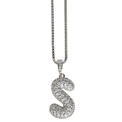 BUBBLE LETTER INITIAL NECKLACE SILVER