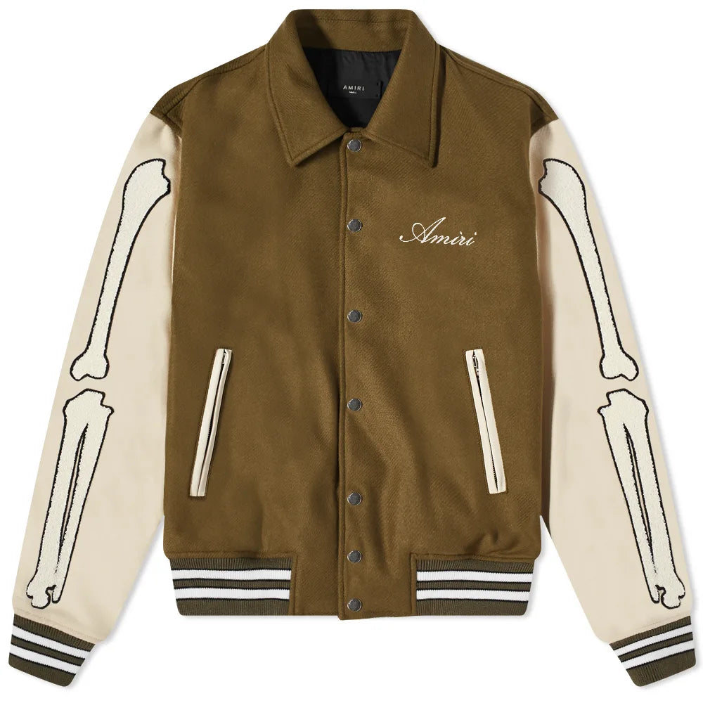 AMIRI BONES VARSITY JACKET GREEN AND ALABASTER