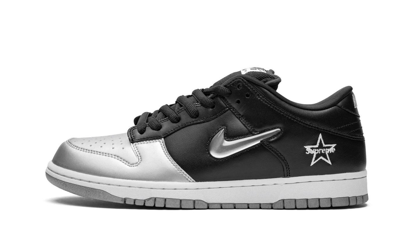NIKE X SUPREME SB DUNK LOW JEWEL SWOOSH SILVER / BLACK