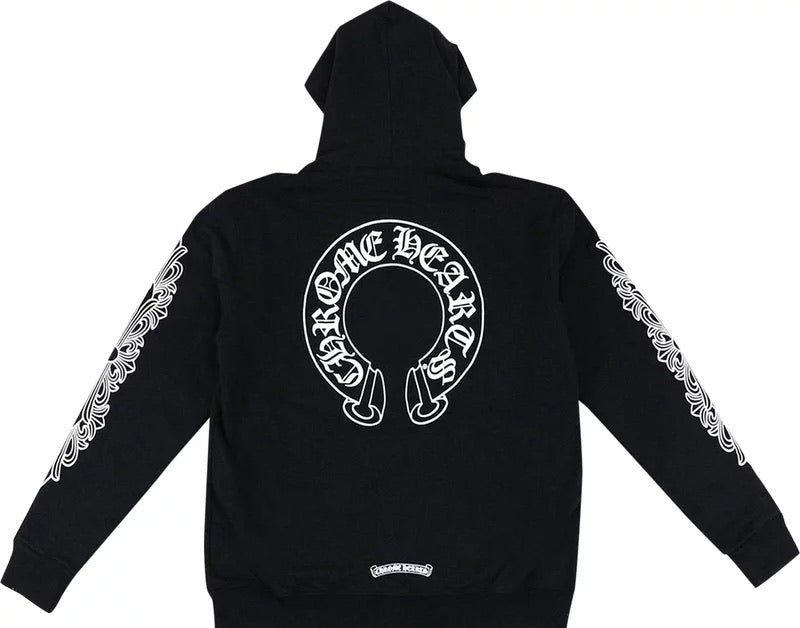 CHROME HEARTS HORSE SHOE FLORAL CROSS SLEEVE HOODIE BLACK – ONE OF A KIND