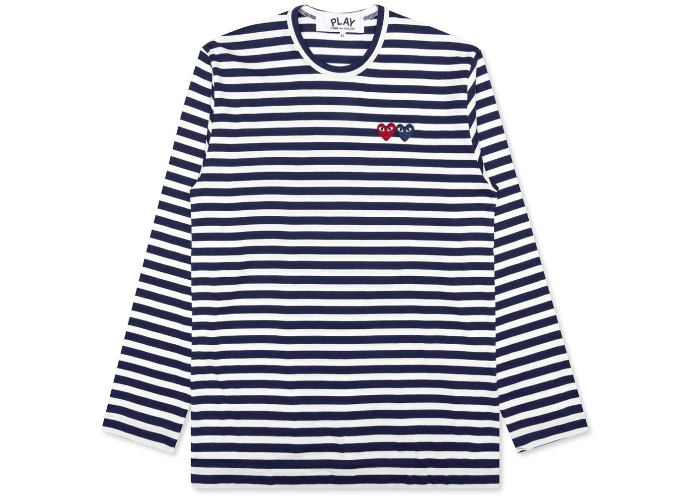 COMME DES GARÇONS PLAY DOUBLE HEART STRIPED LONG SLEEVE NAVY / WHITE