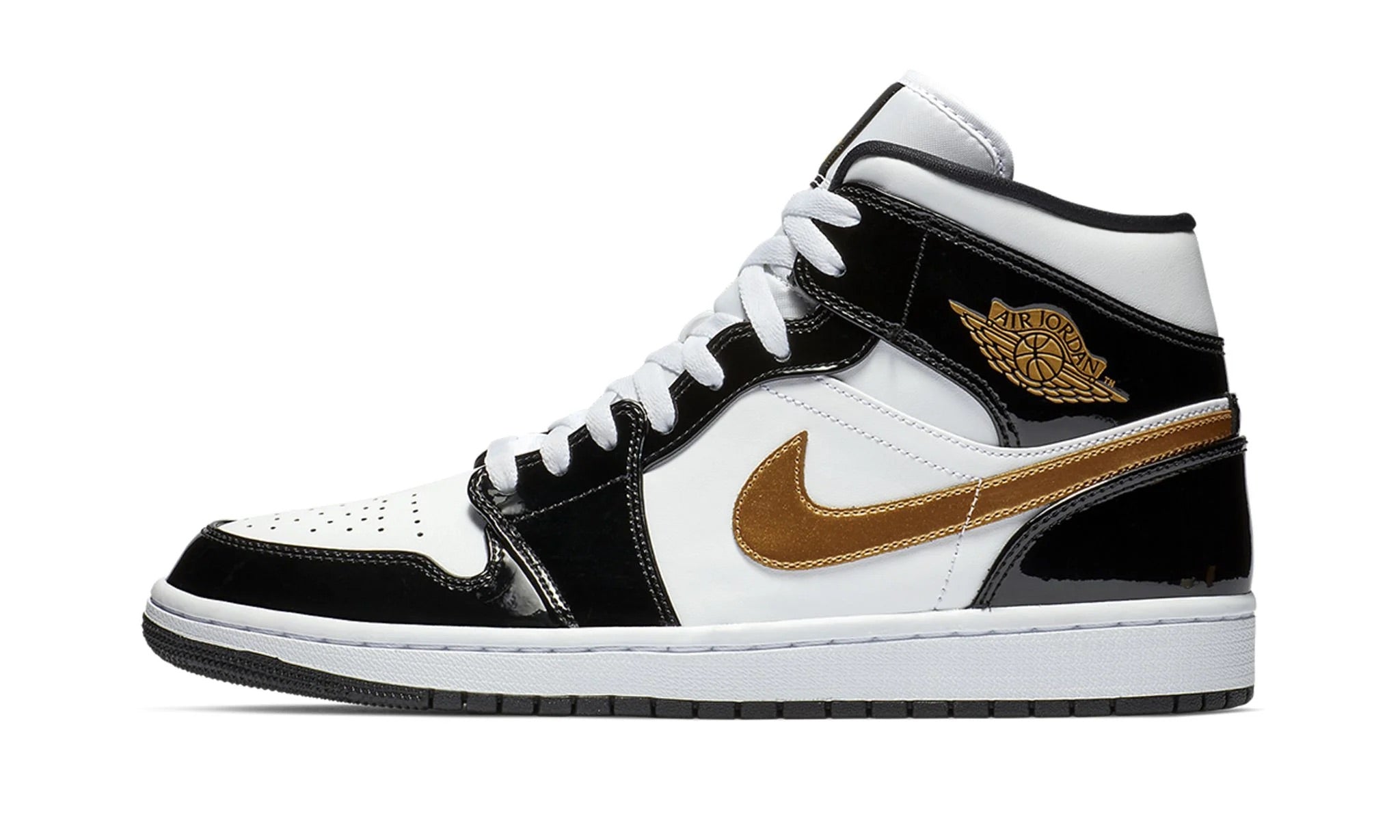 JORDAN 1 MID PATENT BLACK WHITE GOLD – ONE OF A KIND