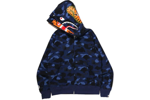 BAPE CLOTHING BAPE TIGER SHARK FULL ZIP DOUBLE HOODIE NAVY