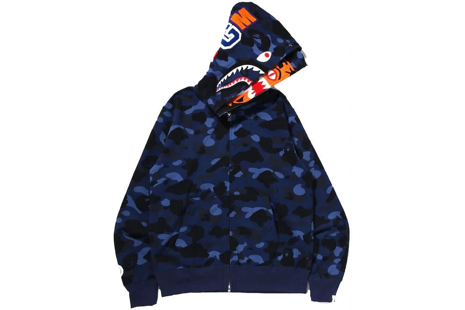 BAPE CLOTHING BAPE TIGER SHARK FULL ZIP DOUBLE HOODIE NAVY