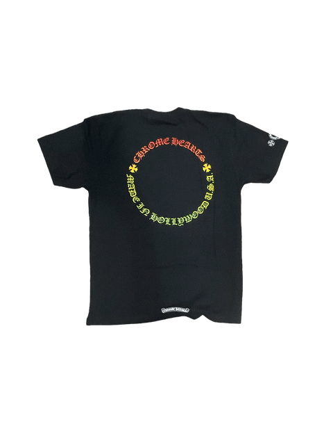 CHROME HEARTS CLOTHING CHROME HEARTS MULTI COLOR HORSE SHOE FLORAL CROSS T-SHIRT BLACK