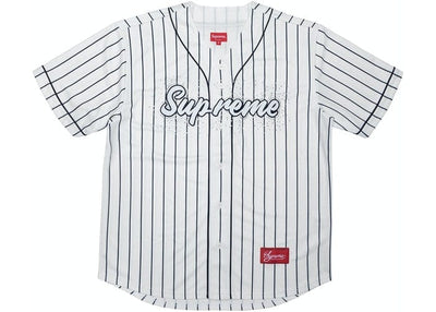 SUPREME CLOTHING SUPREME RHINESTONE BASEBALL JERSEY PINSTRIPE